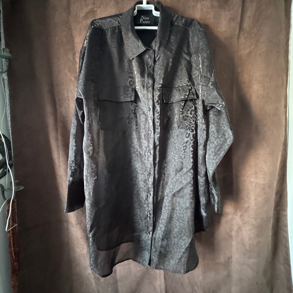 Nina Parker black Leopard Print Button Down Shirt Tunic Oversized 2X jacquard